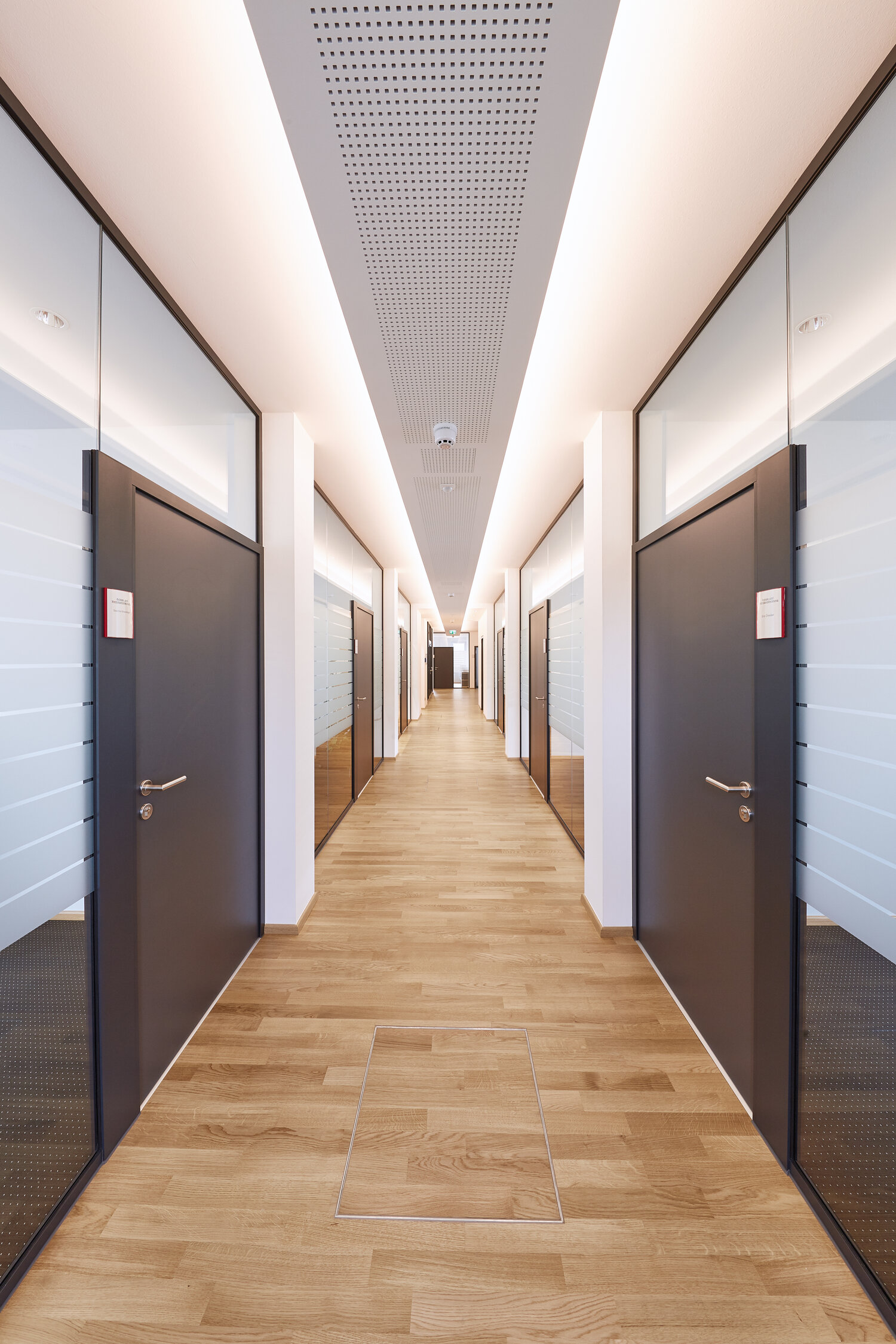 Projekt Hoernerbank Büroflur mit folierten Glastrennwänden