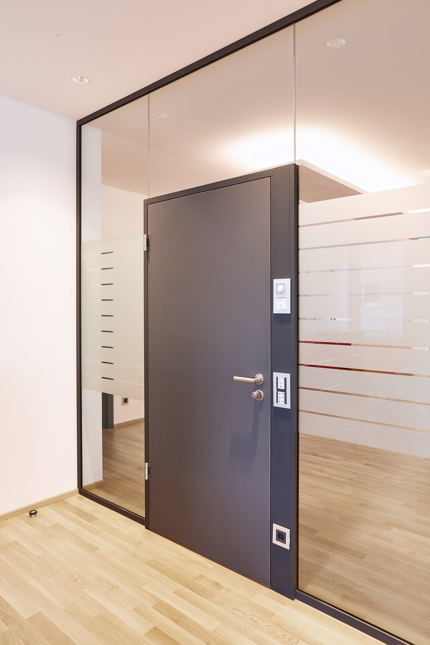 Projekt Hoernerbank dunkle Volltür mit Glaswand