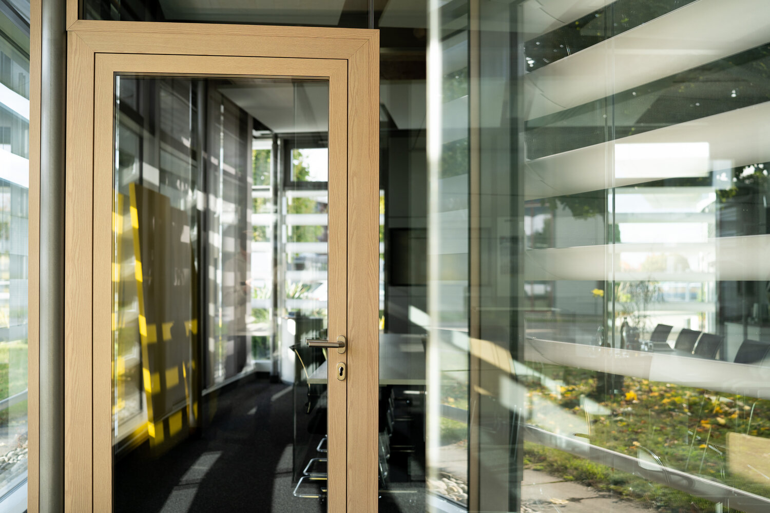 Projekt Showroom Glastür mit Holzrahmen