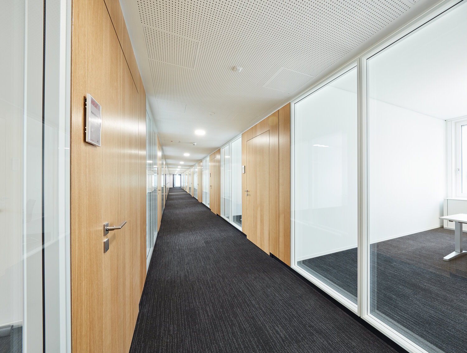 Projekt Markant Büroflur mit Büros mit Glastrennwandsystemen mit Holztüren