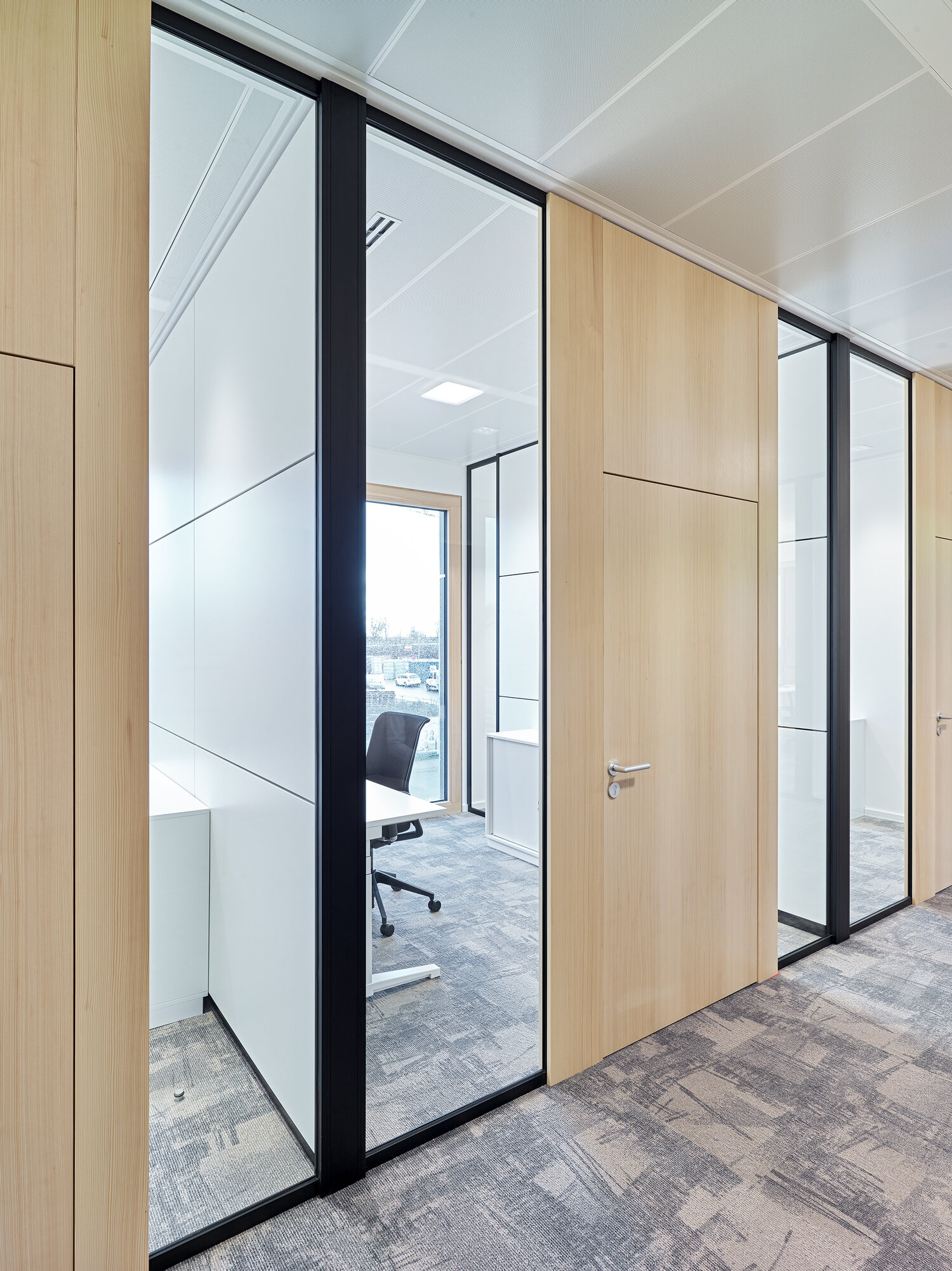 Projekt Volksbank Ettenheim Büro Glastrennwandsystem mit Holztür